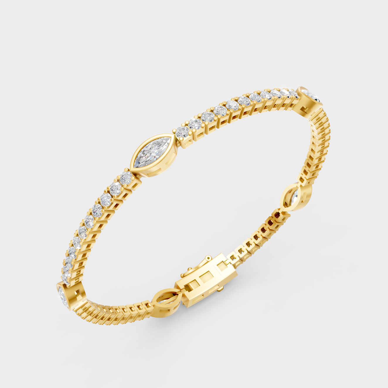 Elegant Yellow Gold Marquise And Round Diamond Tennis Bracelet 4.42 Ct Lab Created