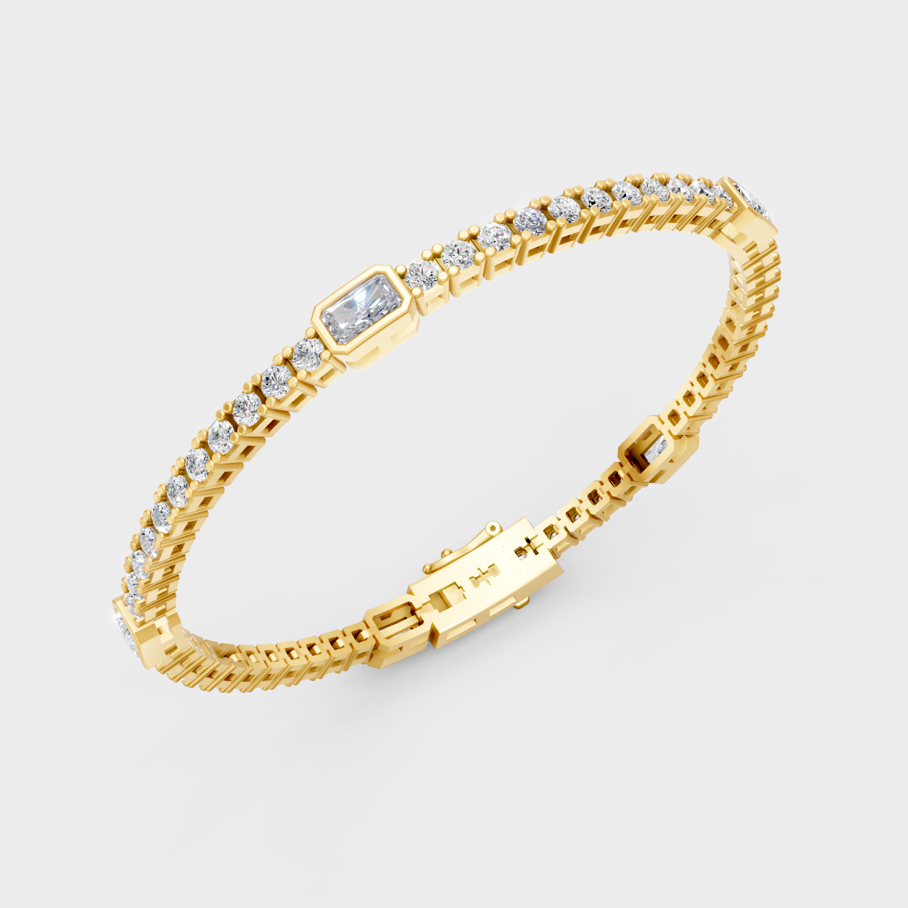 Elegant Yellow Gold Radiant And Round Diamond Tennis Bracelet 4.42 Ct Luxury Style
