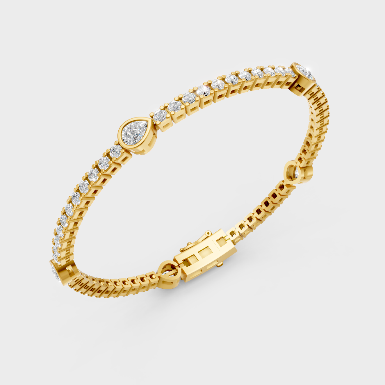 Elegant Yellow Gold Pear And Round Diamond Tennis Bracelet 4.42 Ct Luxury Style