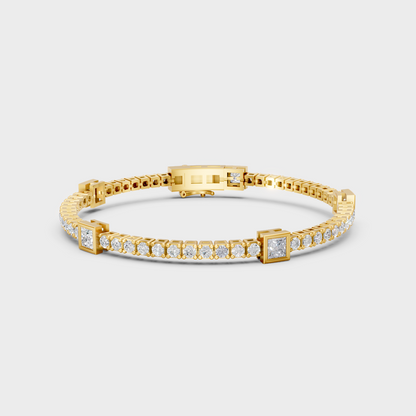 4.42 Ct Princess And Round Cut Lab Grown Diamond Tennis Bracelet In Yellow Gold Luxury Design