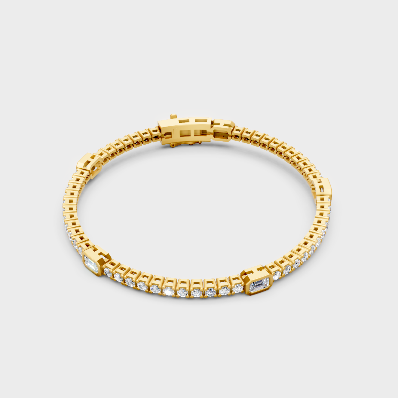 Yellow Gold Lab Grown Emerald And Round Diamond Tennis Bracelet 4.42 Ct Premium
