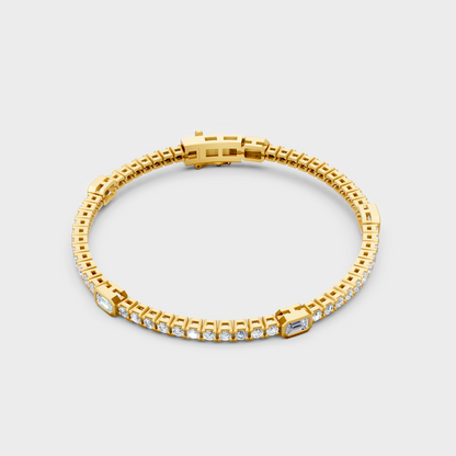 Yellow Gold Lab Grown Emerald And Round Diamond Tennis Bracelet 4.42 Ct Premium