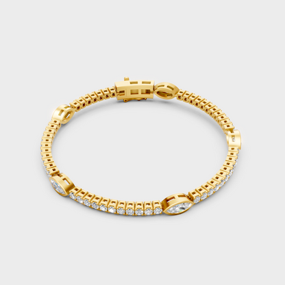 Yellow Gold Lab Grown Marquise And Round Diamond Tennis Bracelet 4.42 Ct Premium