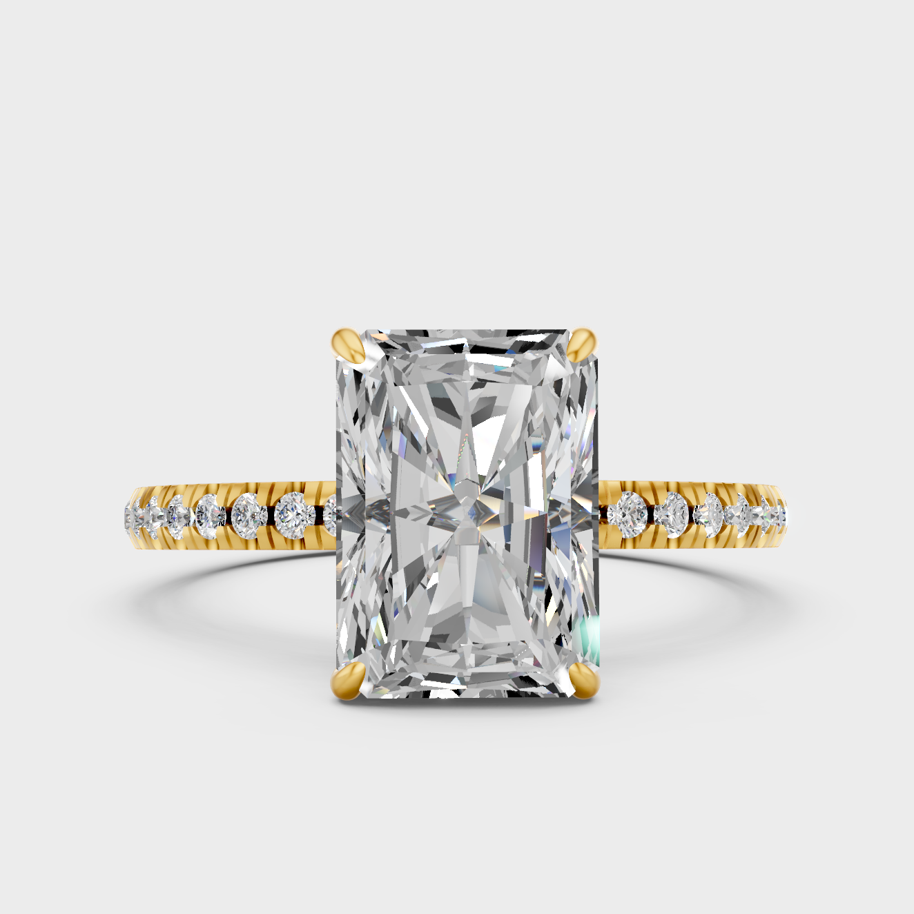 Luxury Radiant Solitaire Diamond Ring In Yellow Gold With Round Accents