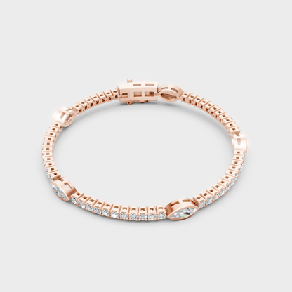 Rose Gold Marquise And Round Diamond Bracelet 4.42 Ct GLI Certified Sparkle