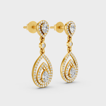 Yellow Gold Round Pear Diamond Drop Earrings 1.21 Ct Lab Created Brilliant Sparkle