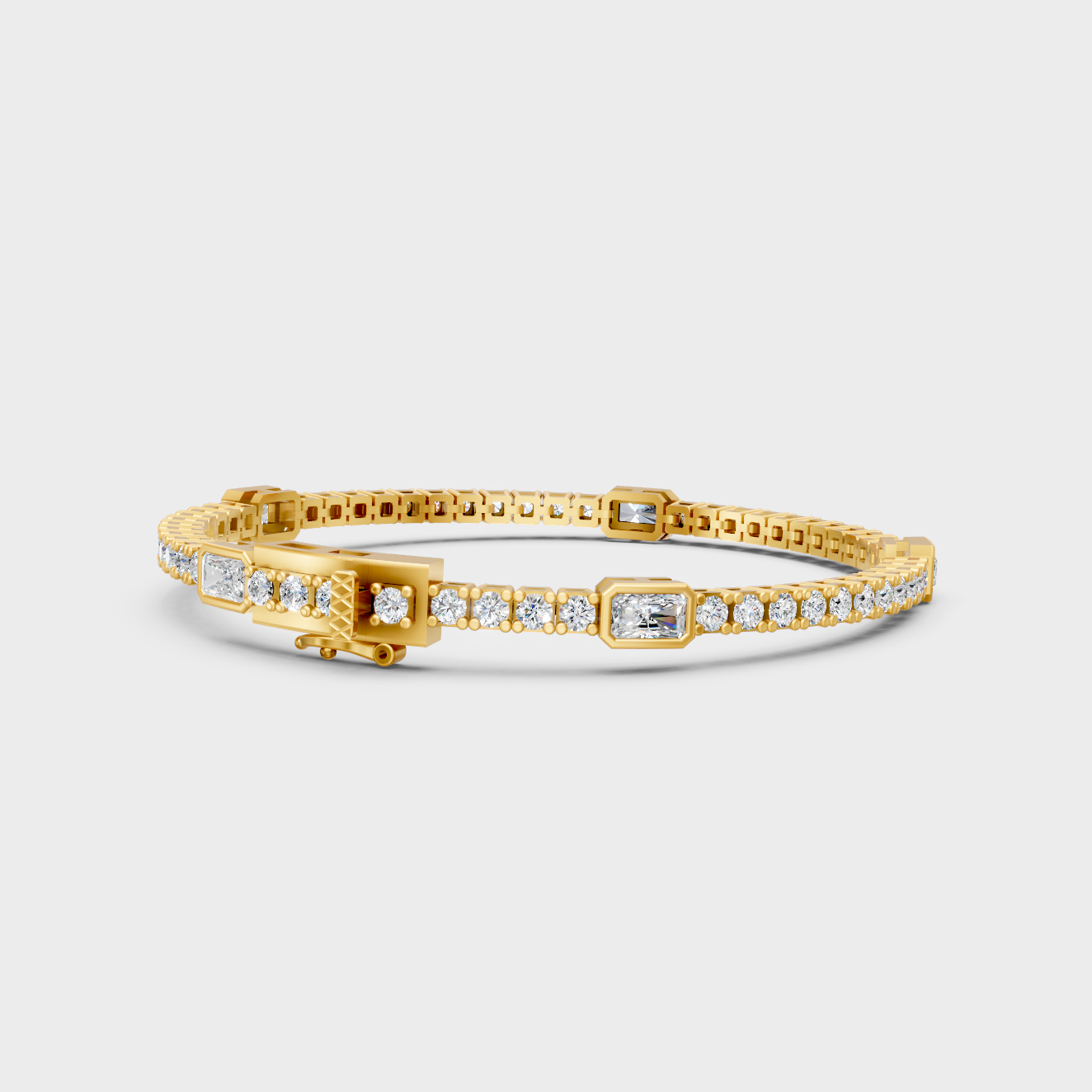 9K 14K 18K Yellow Gold Radiant And Round Diamond Tennis Bracelet 4.42 Ct Lab Created