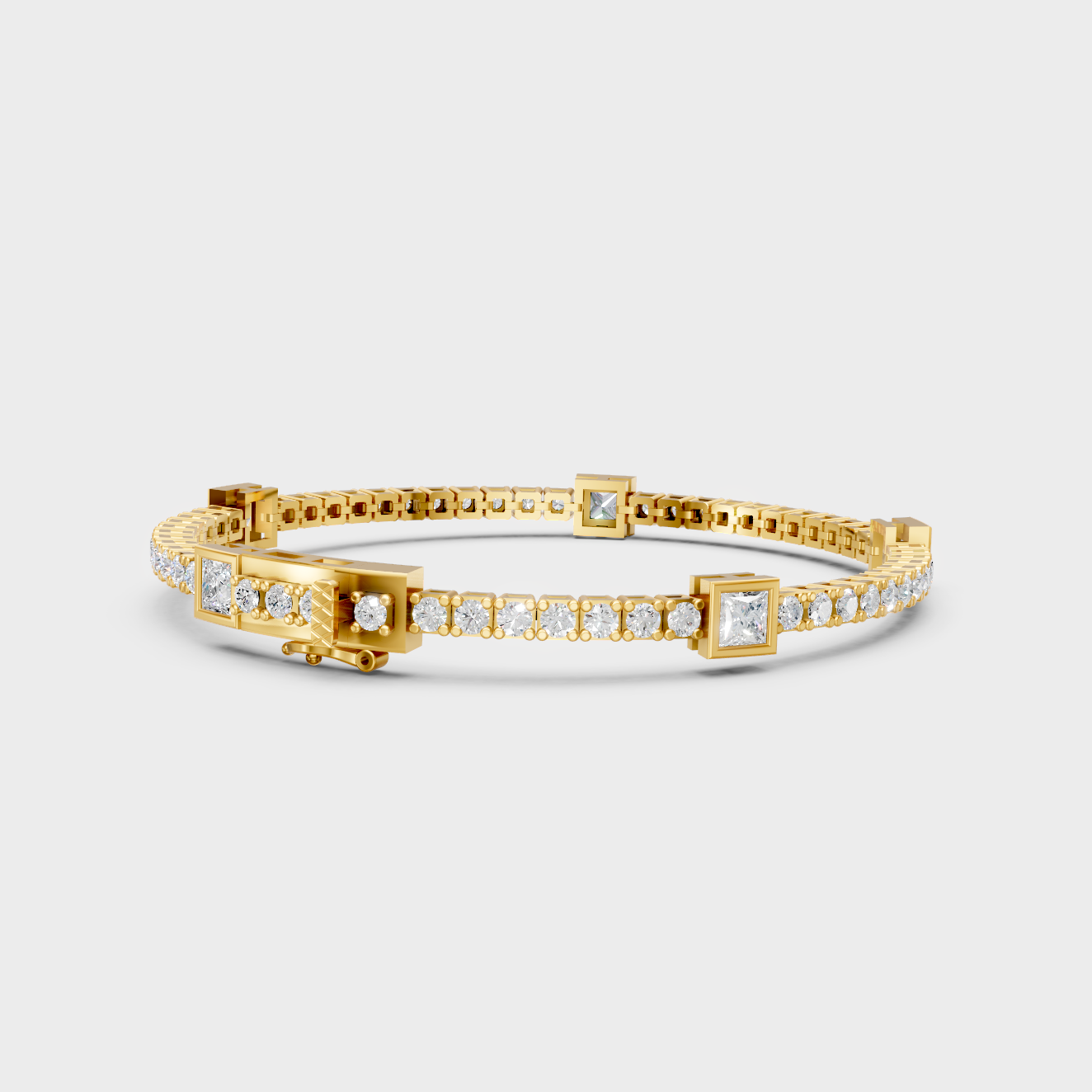 Elegant Yellow Gold Princess And Round Diamond Tennis Bracelet 4.42 Ct Luxury Style