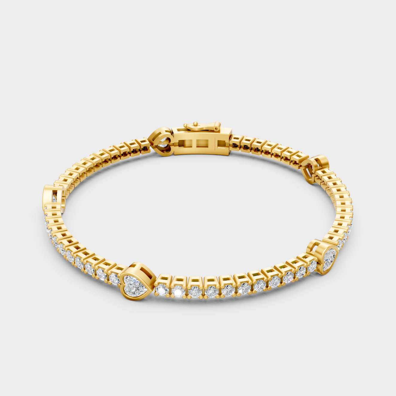 9K 14K 18K Yellow Gold Heart And Round Diamond Tennis Bracelet 4.42 Ct Lab Created