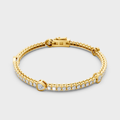 9K 14K 18K Yellow Gold Heart And Round Diamond Tennis Bracelet 4.42 Ct Lab Created