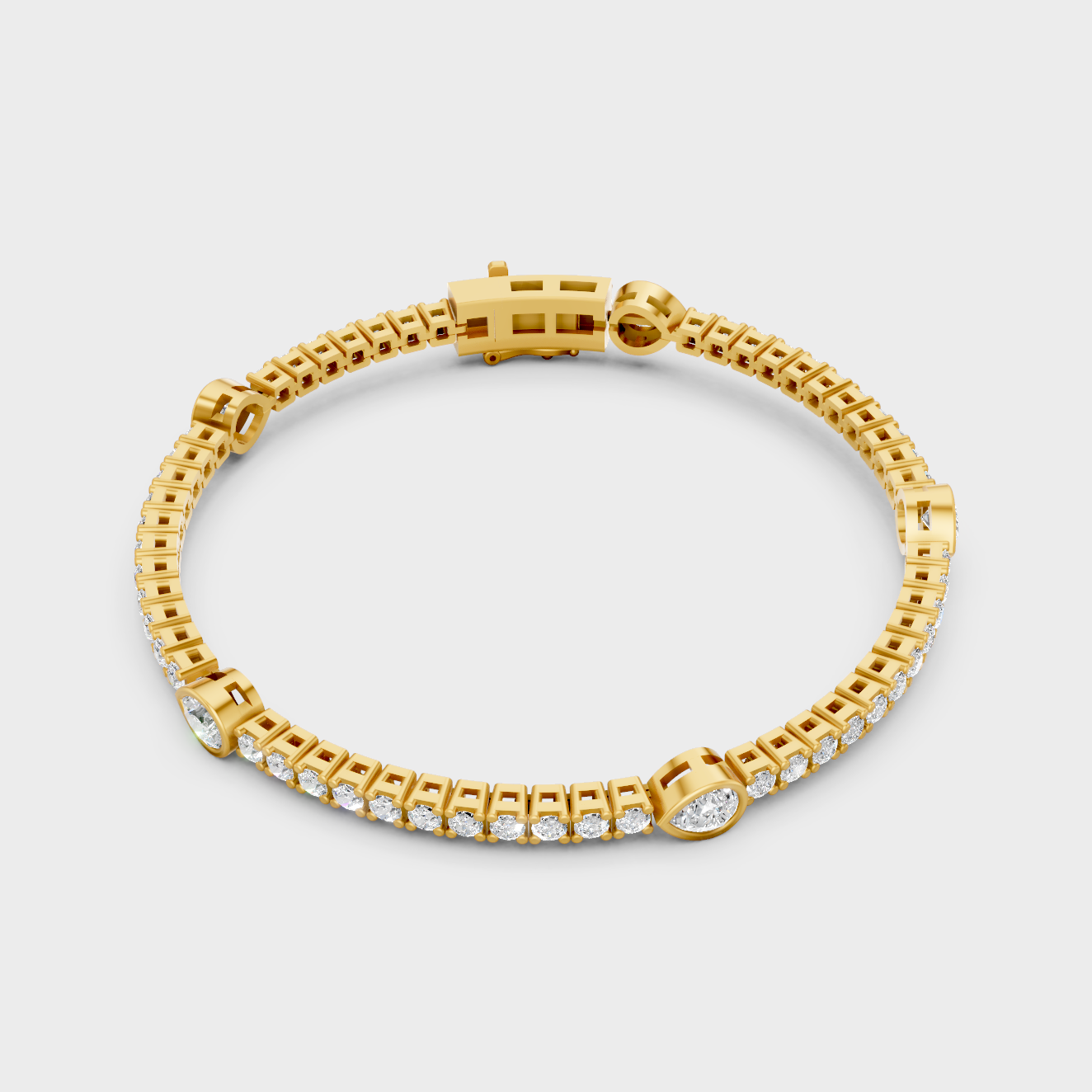 Yellow Gold Lab Grown Pear And Round Diamond Tennis Bracelet 4.42 Ct Premium