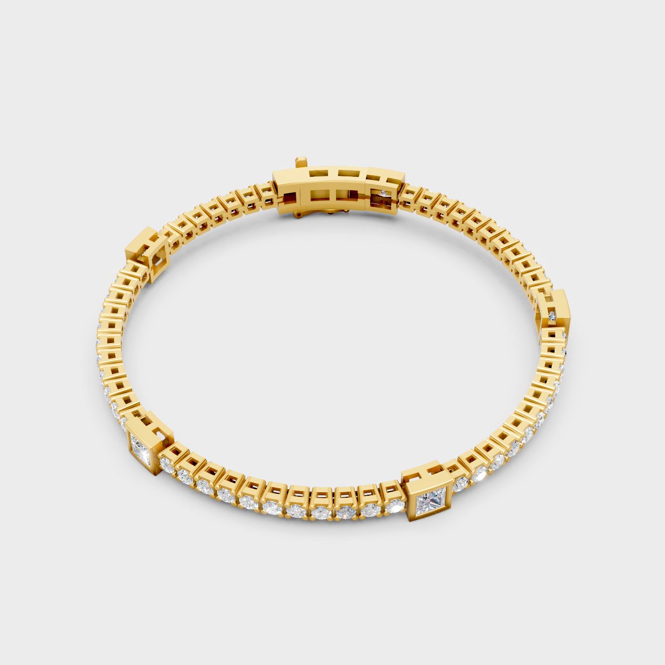 9K 14K 18K Yellow Gold Princess And Round Diamond Tennis Bracelet 4.42 Ct Lab Created