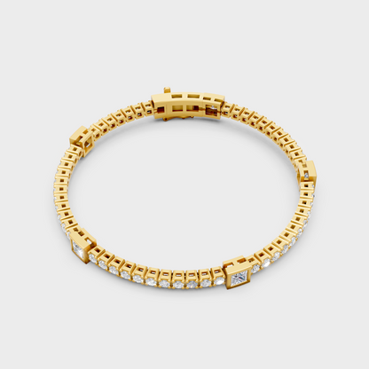 9K 14K 18K Yellow Gold Princess And Round Diamond Tennis Bracelet 4.42 Ct Lab Created