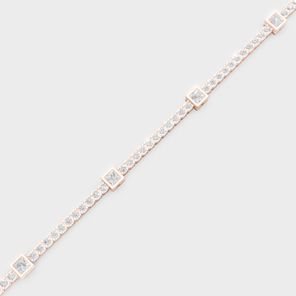 Rose Gold Princess And Round Diamond Tennis Bracelet 4.42 Ct Modern Elegant Jewelry