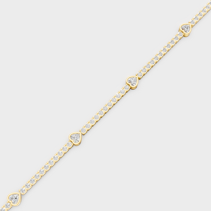 Yellow Gold Heart Shape Diamond Tennis Bracelet 4.42 Ct Lab Created Sparkling Luxury