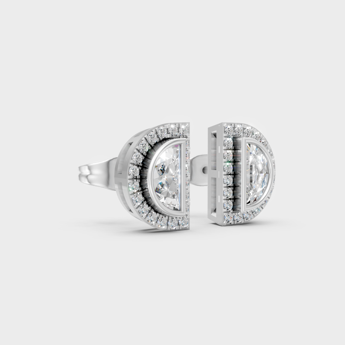 Sleek 18K White Gold Studs Featuring 0.32 Carat Each Half Moon And Round Lab Diamonds