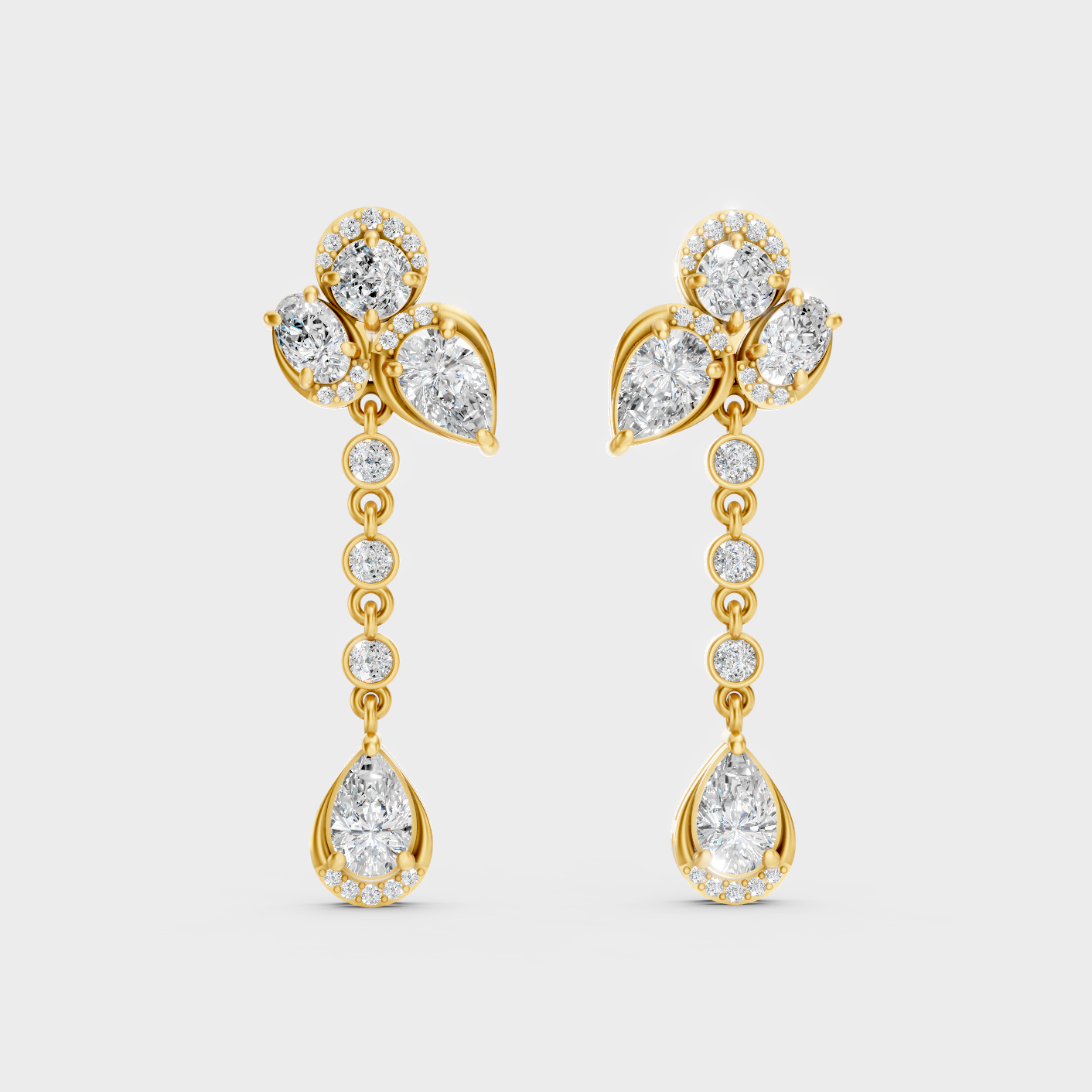 Elegant Yellow Gold Multi Shape Diamond Drop Earrings 5.57 Ct Designer Statement Jewelry