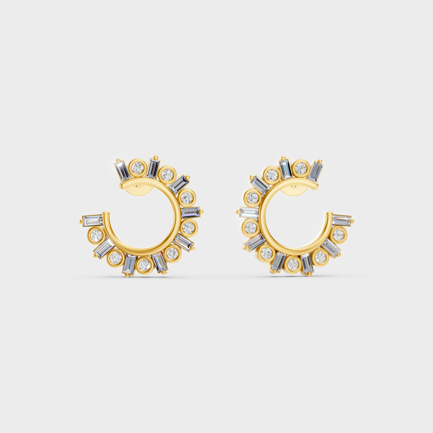 Yellow Gold Round Baguette Diamond Earrings 0.77 Ct Lab Created Brilliant Sparkle