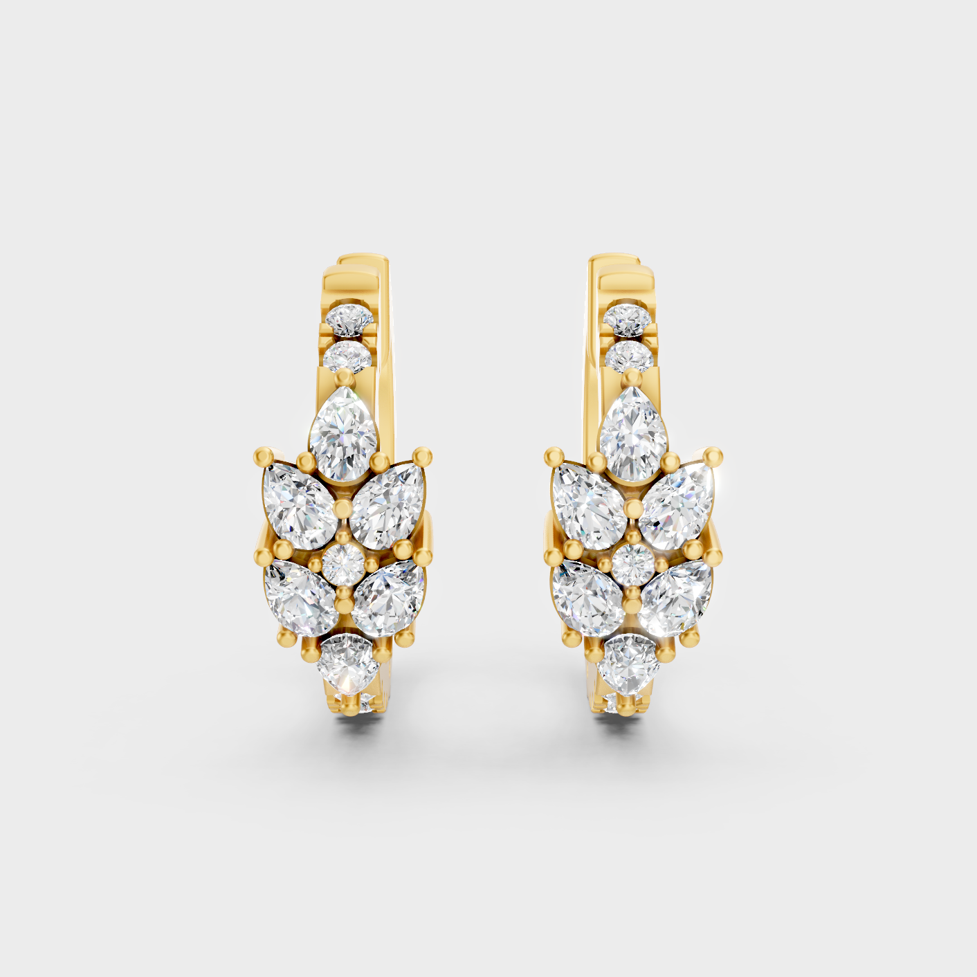 Elegant Yellow Gold Round Pear Diamond Hoop Earrings 1.61 Ct Designer Jewelry