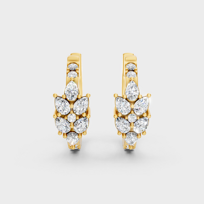Elegant Yellow Gold Round Pear Diamond Hoop Earrings 1.61 Ct Designer Jewelry