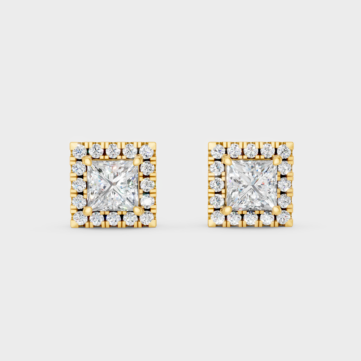 Elegant Yellow Gold Princess Round Diamond Halo Earrings 1.28 Ct Designer Jewelry