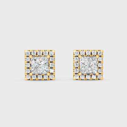 Elegant Yellow Gold Princess Round Diamond Halo Earrings 1.28 Ct Designer Jewelry