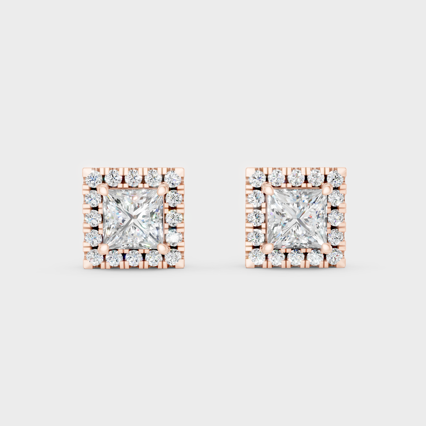Rose Gold Luxury Princess Round Diamond Halo Earrings 1.28 Ct Lab Grown Statement Look
