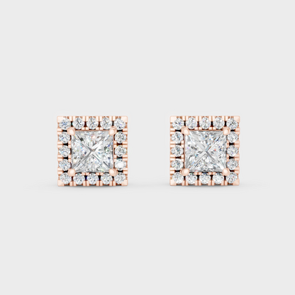 Rose Gold Luxury Princess Round Diamond Halo Earrings 1.28 Ct Lab Grown Statement Look