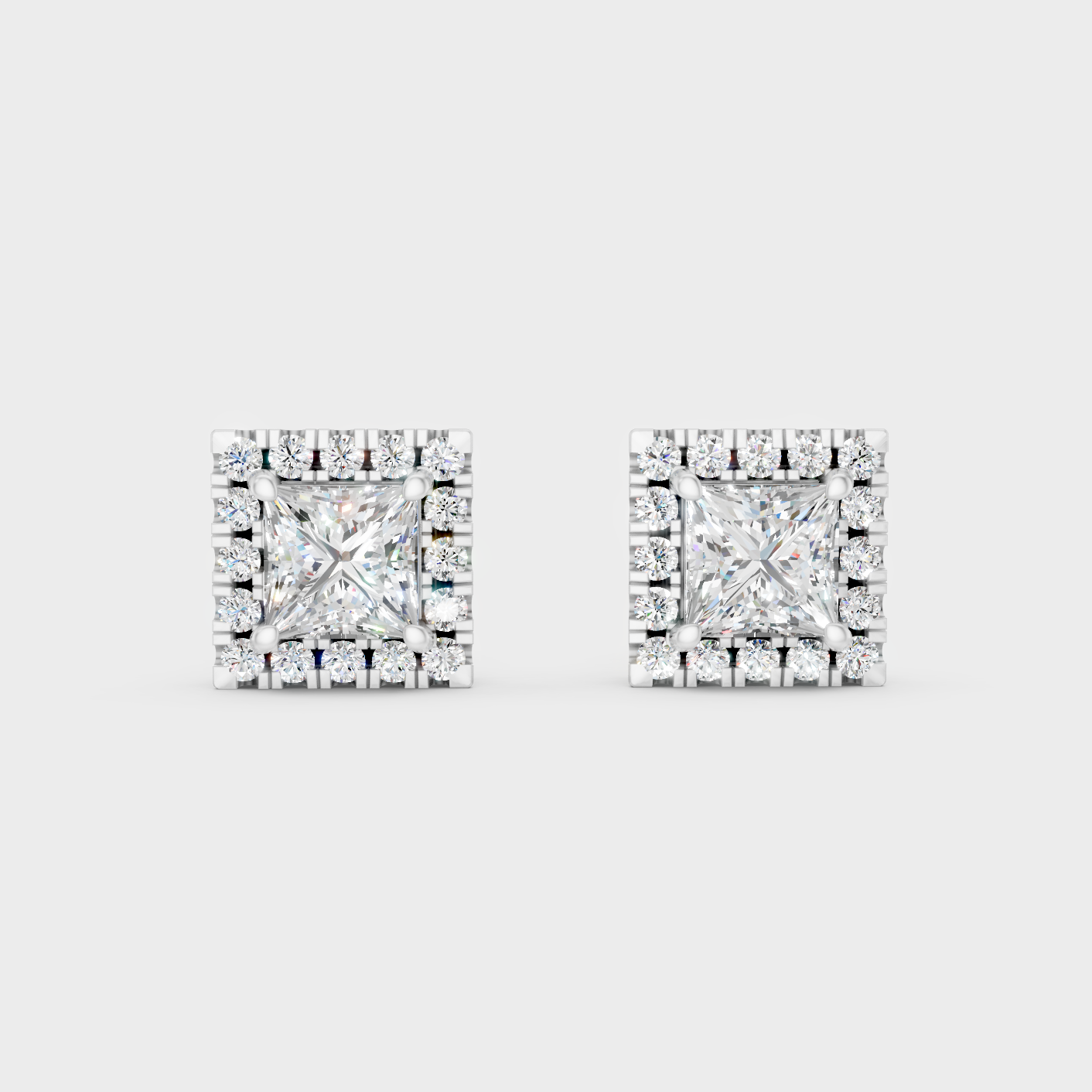 White Gold Princess Round Diamond Halo Earrings 1.28 Ct Lab Grown Classic Style