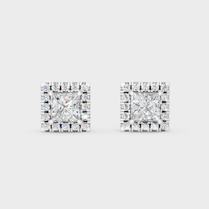 White Gold Princess Round Diamond Halo Earrings 1.28 Ct Lab Grown Classic Style