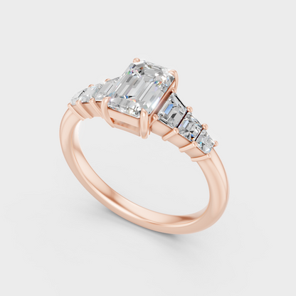 Emerald Cut Diamond Ring With Trapezoid Side Stones In Rose Gold Elegant Style