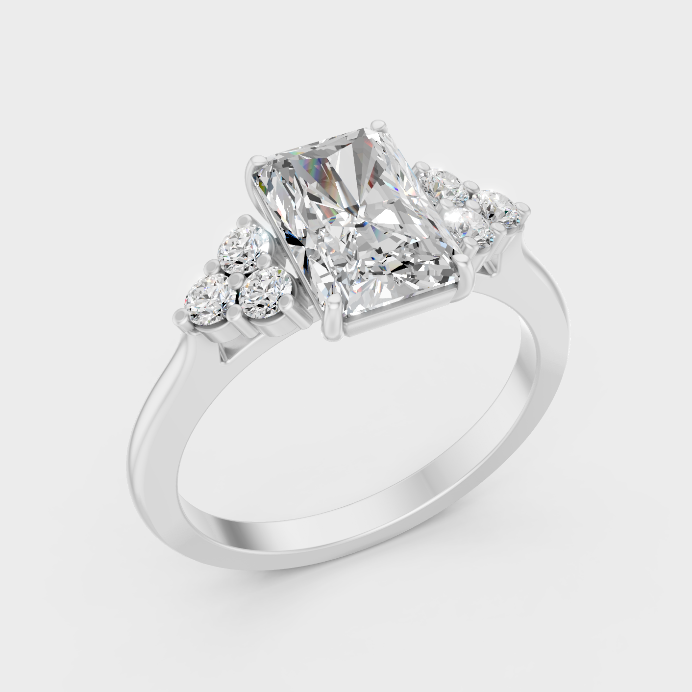 Platinum Radiant Cut Diamond Ring With Brilliant Round Accents