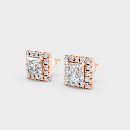 Rose Gold Princess Round Diamond Halo Earrings 1.28 Ct Everyday Elegant Jewelry