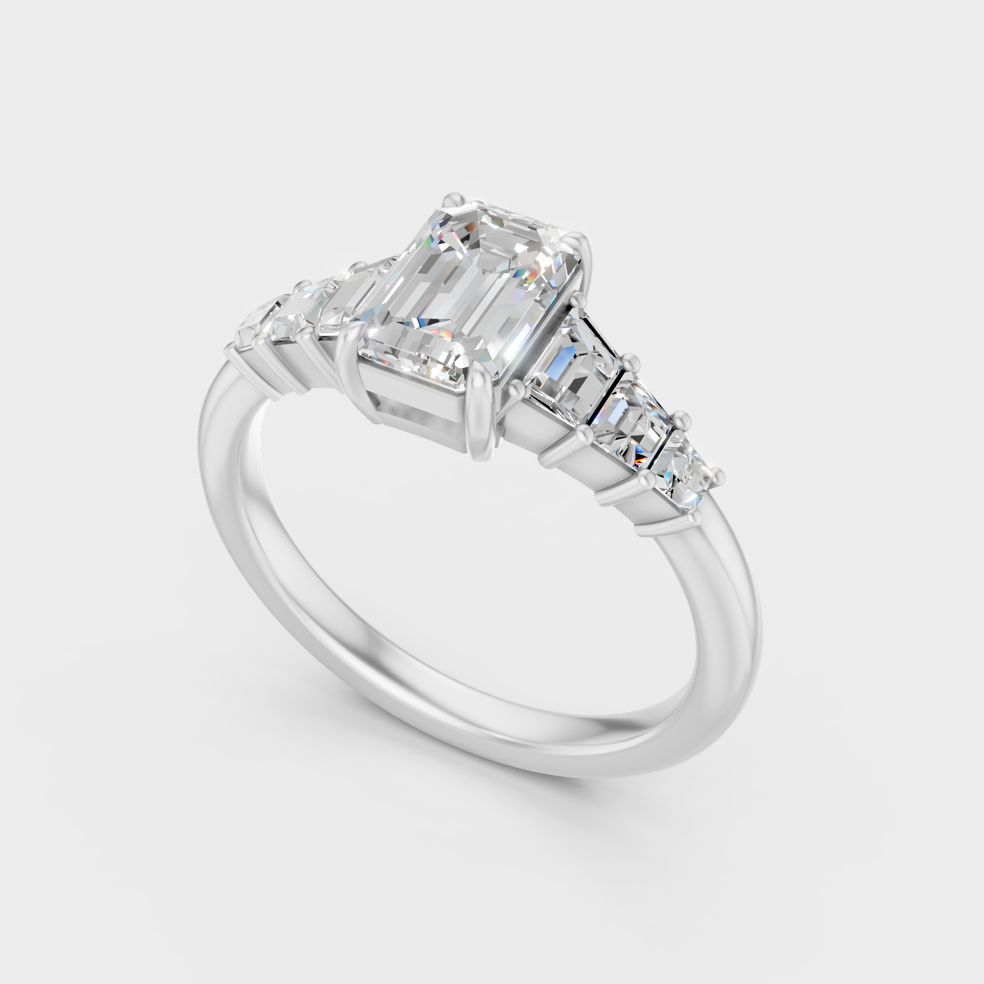 White Gold Emerald Diamond Ring With Side Stones 1.75 Ct Classic Style