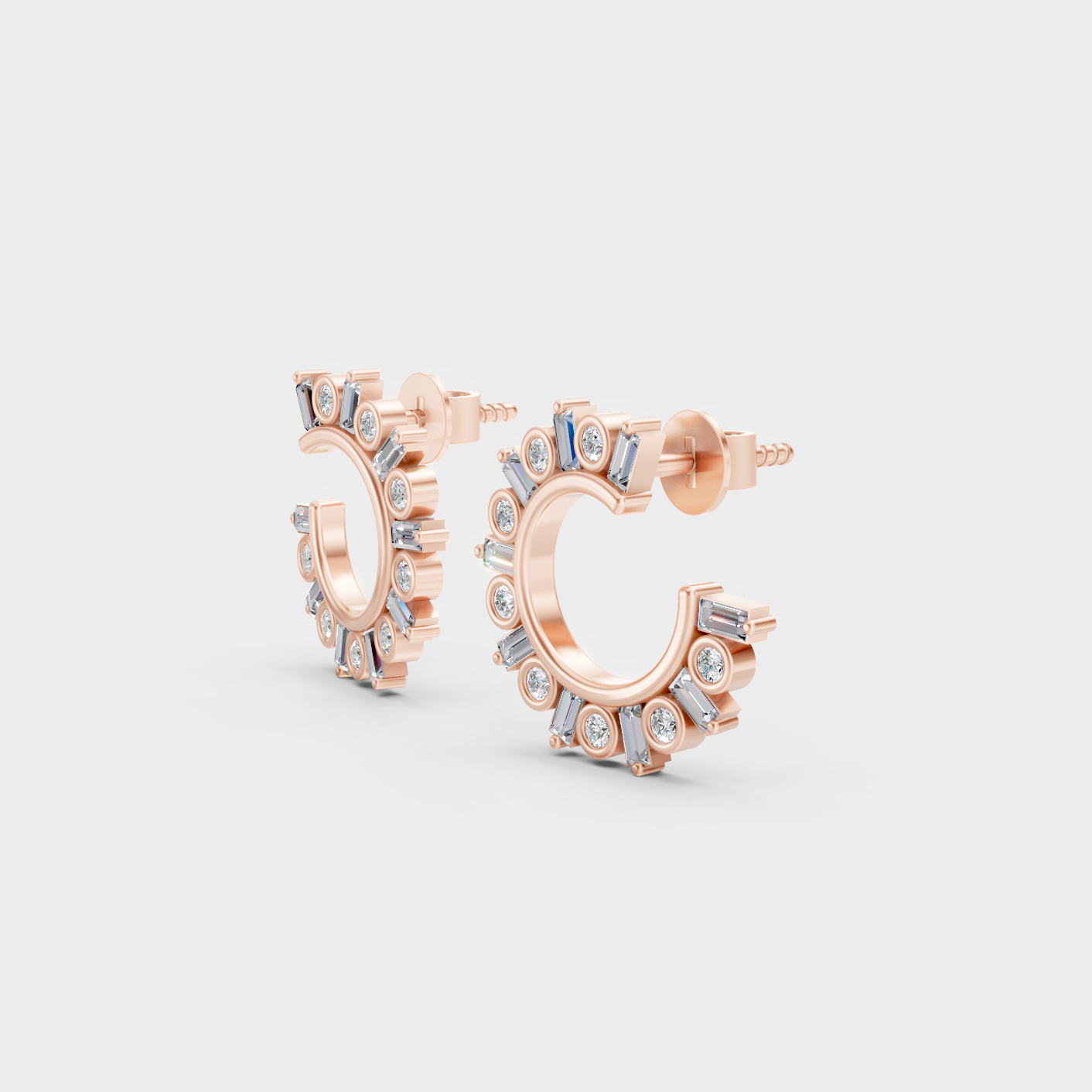 Rose Gold Round Baguette Diamond Earrings 0.77 Ct Everyday Elegant Jewelry