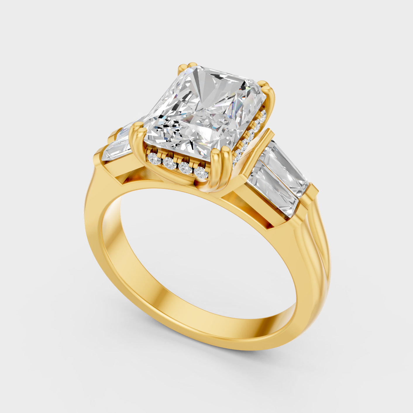 Luxury Multi Shape Halo Diamond Ring In Yellow Gold With Radiant Baguette Round Diamonds