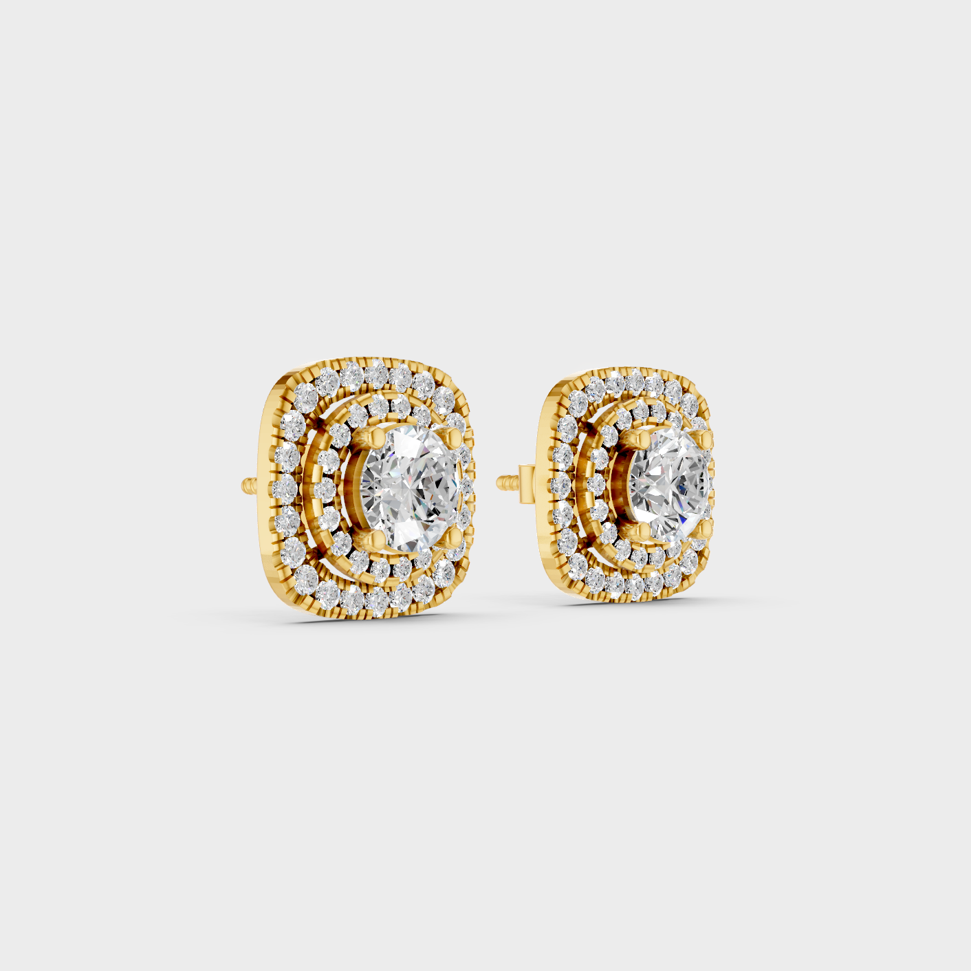 Yellow Gold Double Halo Round Diamond Stud Earrings 3.90 Ct Lab Created Brilliant Sparkle