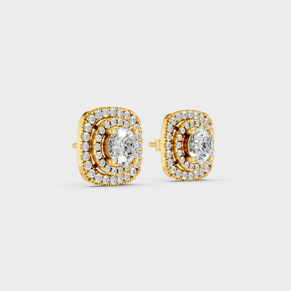 Yellow Gold Double Halo Round Diamond Stud Earrings 3.90 Ct Lab Created Brilliant Sparkle