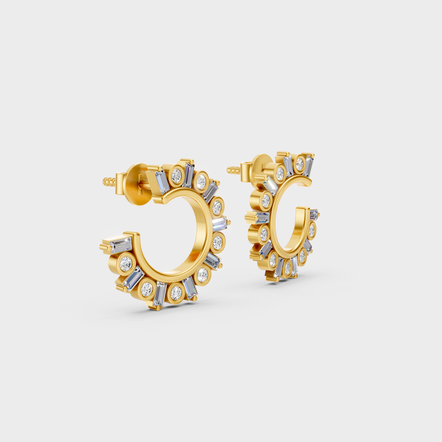 Elegant Yellow Gold Round Baguette Diamond Earrings 0.77 Ct Designer Jewelry