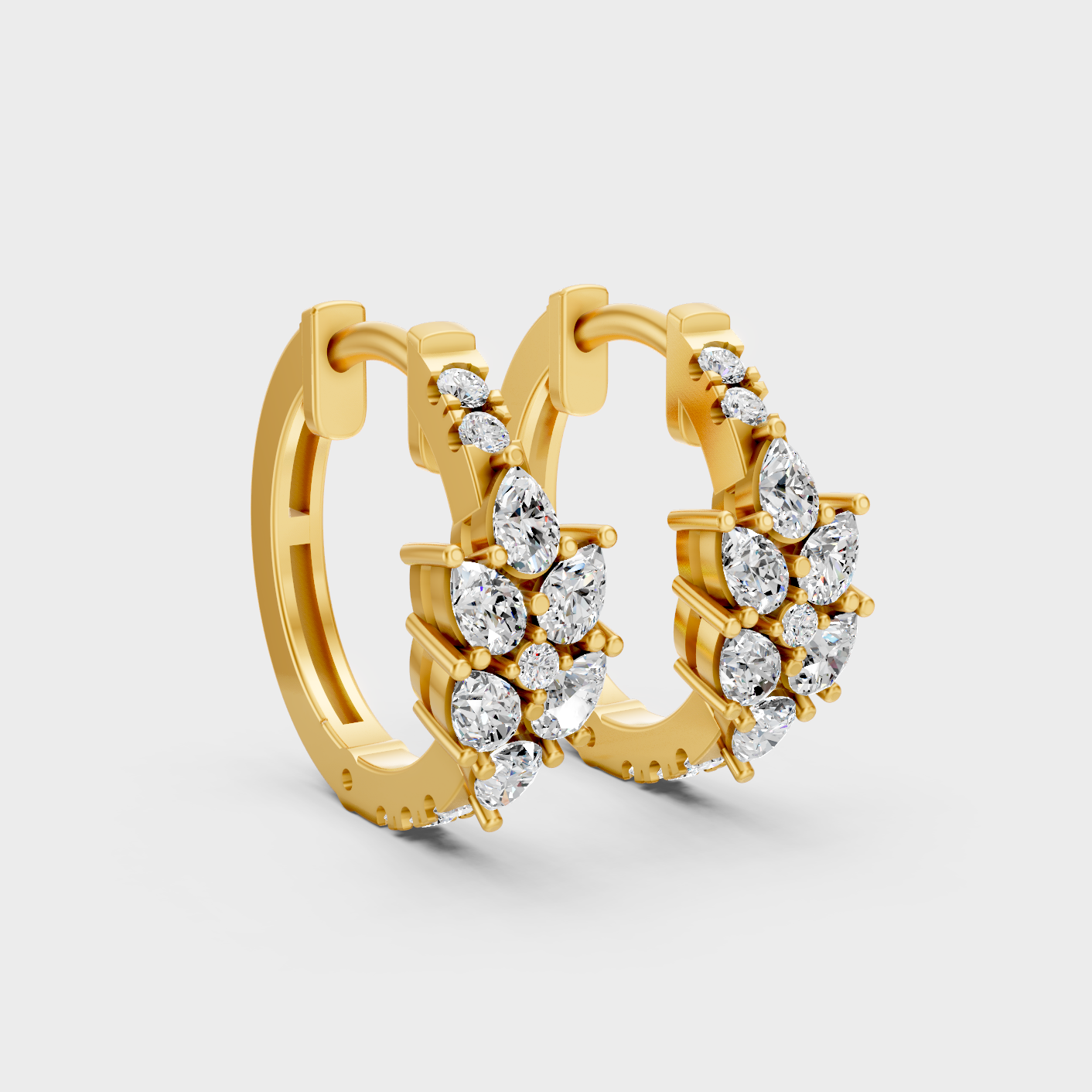 Yellow Gold Round Pear Diamond Hoop Earrings 1.61 Ct Lab Created Brilliant Sparkle