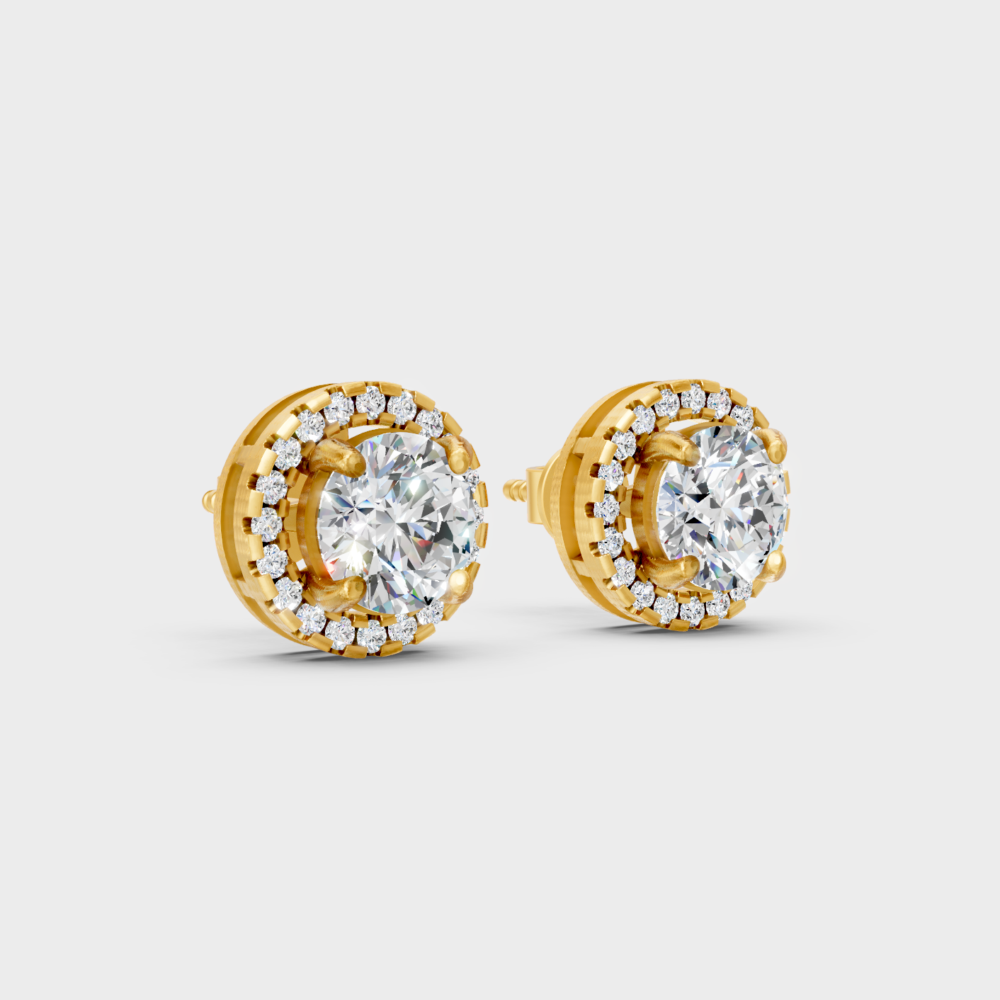 Yellow Gold Halo Round Diamond Stud Earrings 2.90 Ct Lab Created Brilliant Sparkle
