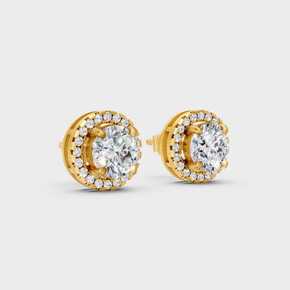 Yellow Gold Halo Round Diamond Stud Earrings 2.90 Ct Lab Created Brilliant Sparkle