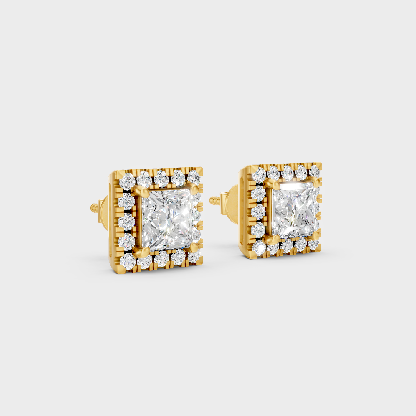 Yellow Gold Princess Round Diamond Halo Earrings 1.28 Ct Lab Created Brilliant Sparkle