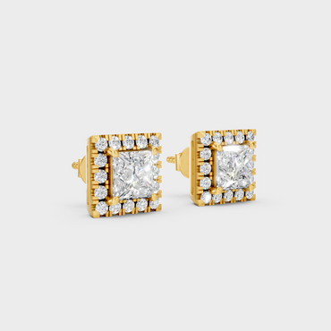 Yellow Gold Princess Round Diamond Halo Earrings 1.28 Ct Lab Created Brilliant Sparkle