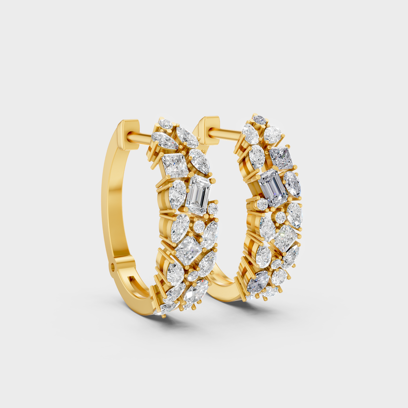 Yellow Gold Princess Pear Emerald Round Oval Diamond Hoop Earrings 0.80 Ct Sparkle
