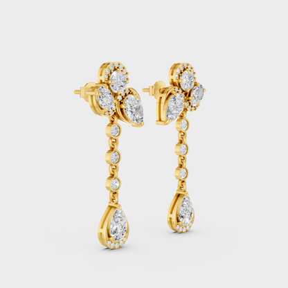 Yellow Gold Round Oval Pear Diamond Drop Earrings 5.57 Ct Lab Created Brilliant Sparkle