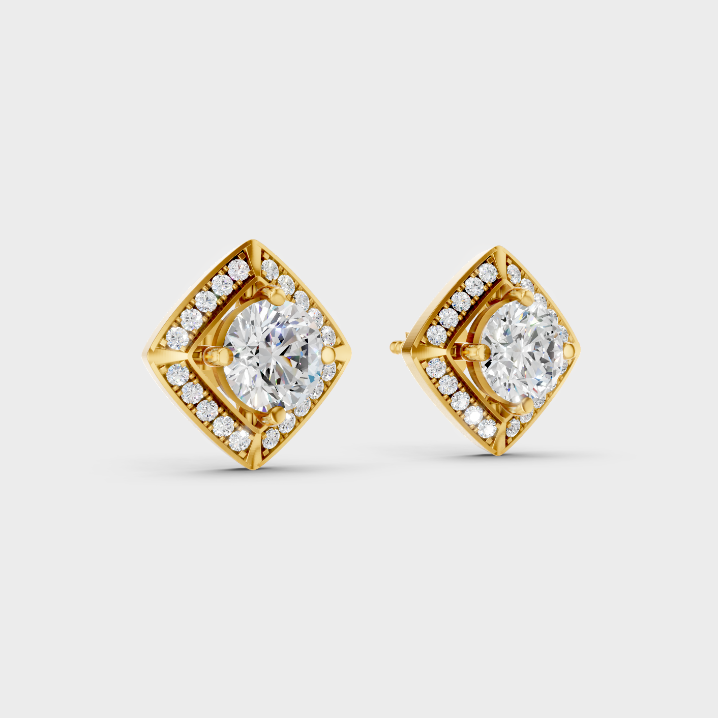 Yellow Gold Halo Round Diamond Stud Earrings 2.98 Ct Lab Created Brilliant Sparkle