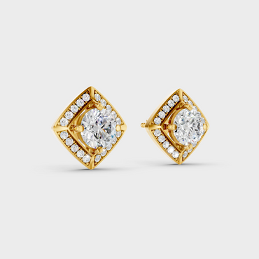 Yellow Gold Halo Round Diamond Stud Earrings 2.98 Ct Lab Created Brilliant Sparkle