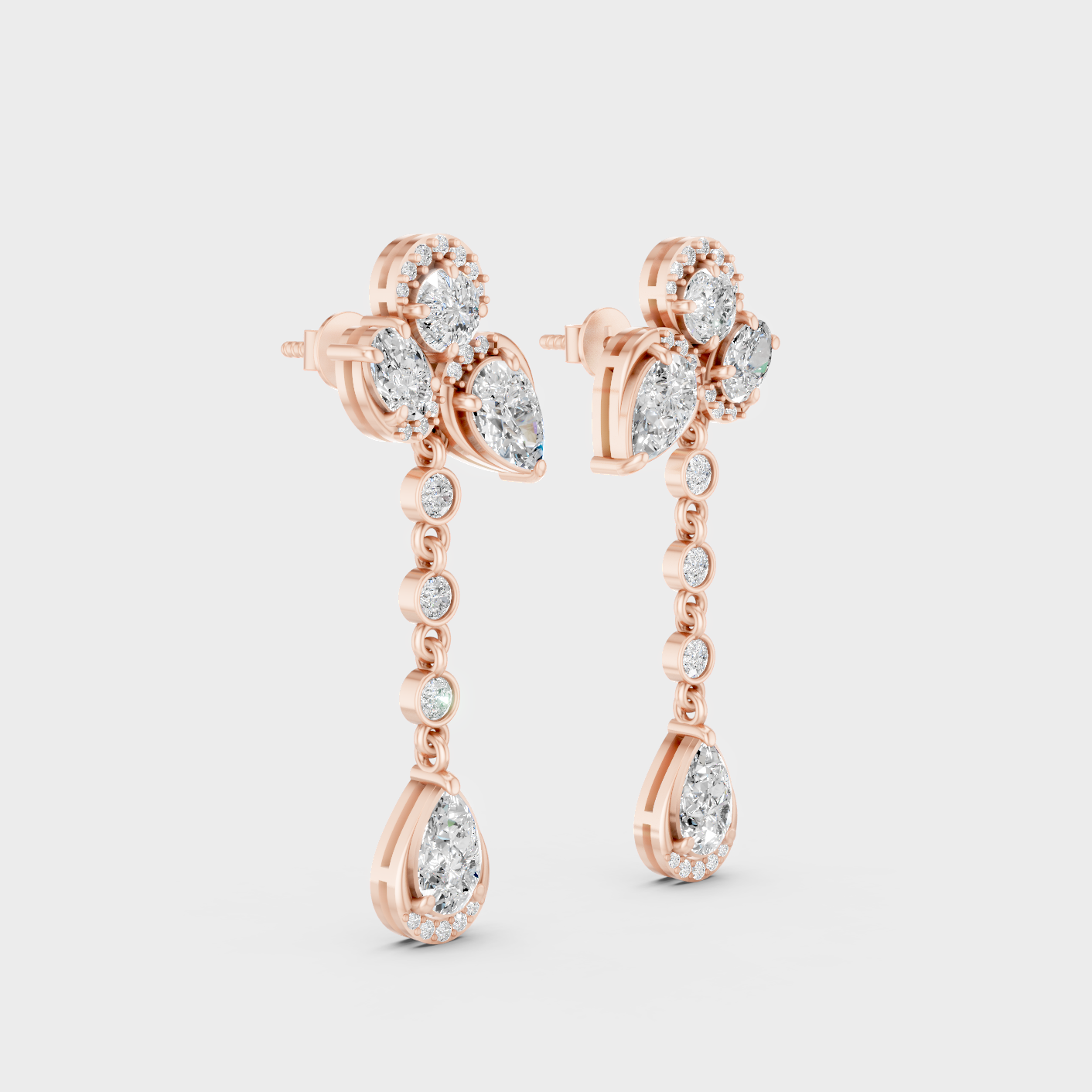 Rose Gold Round Oval Pear Diamond Dangler Earrings 2.785 Ct Each Ethical Lab Grown Jewelry