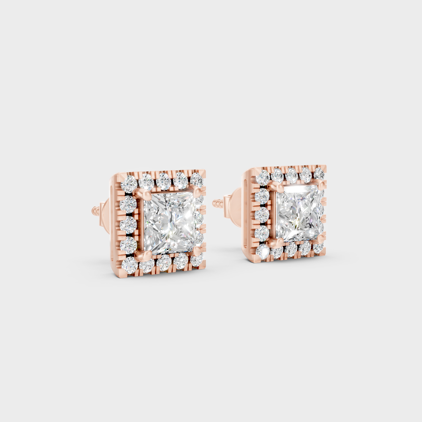 Rose Gold Princess Round Diamond Halo Earrings 0.64 Ct Each Ethical Lab Grown Jewelry